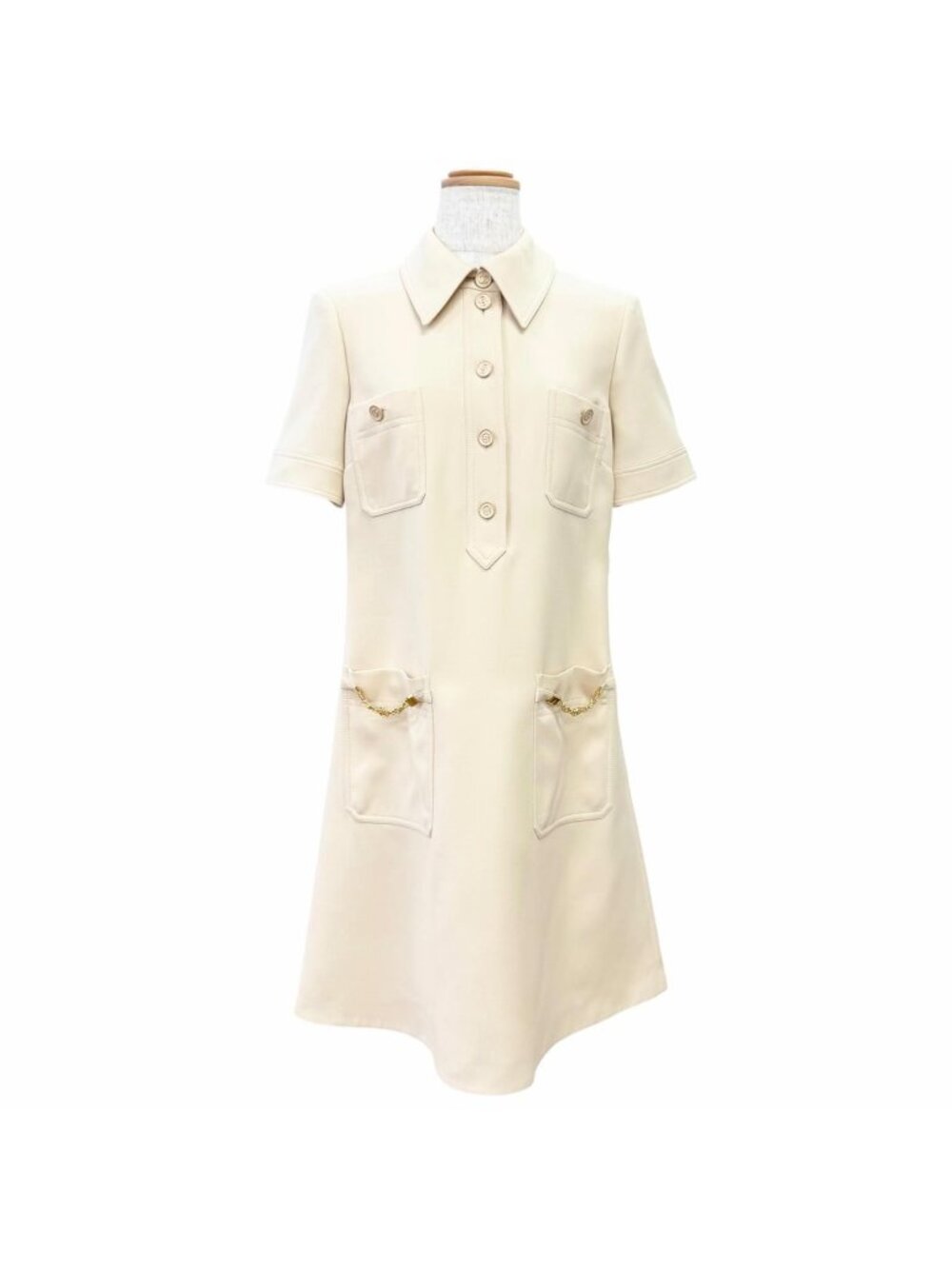 Gucci Silk Wool GG Logo Button Chain Short Sleeve Dress Beige Gold IT 36